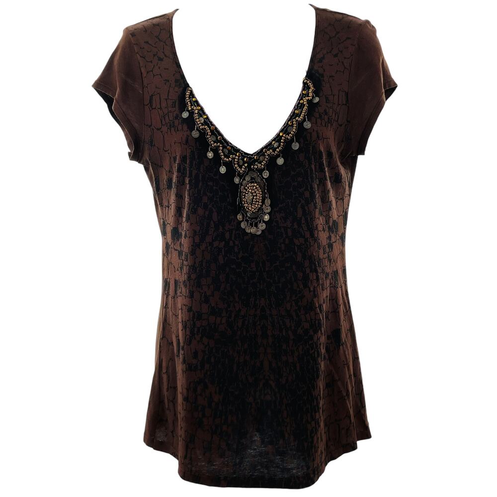 Free Society Brown Black Sleeveless Boho V-Neck Embellished Hippie Tank Top S